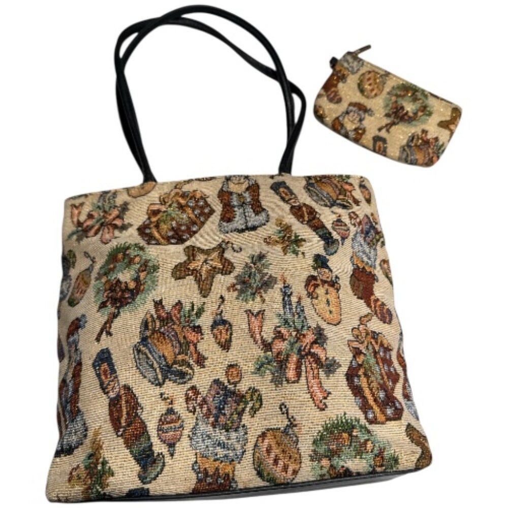 Bueno Tapestry Double Strap Shoulder Bag, Matching Coin Purse, Christmas Motif